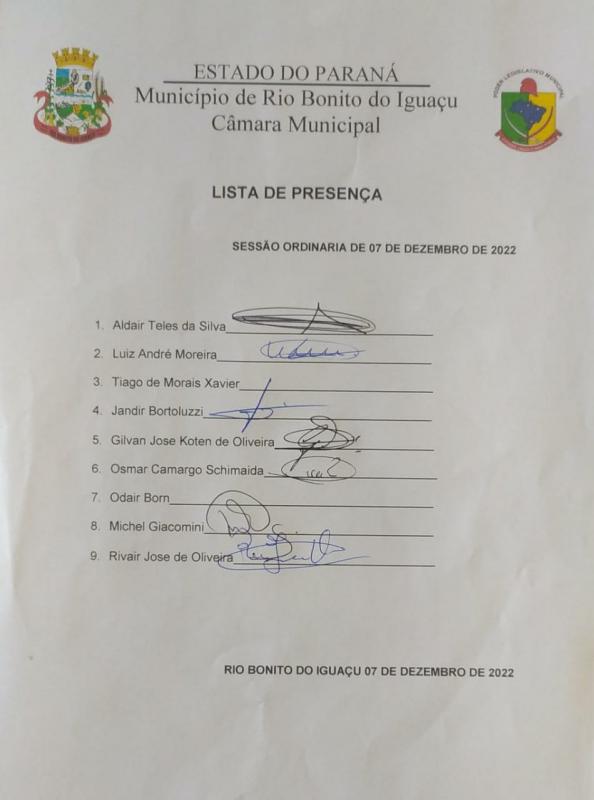 Lista de Presença dos vereadores no dia 07 de dezembro de 2022
